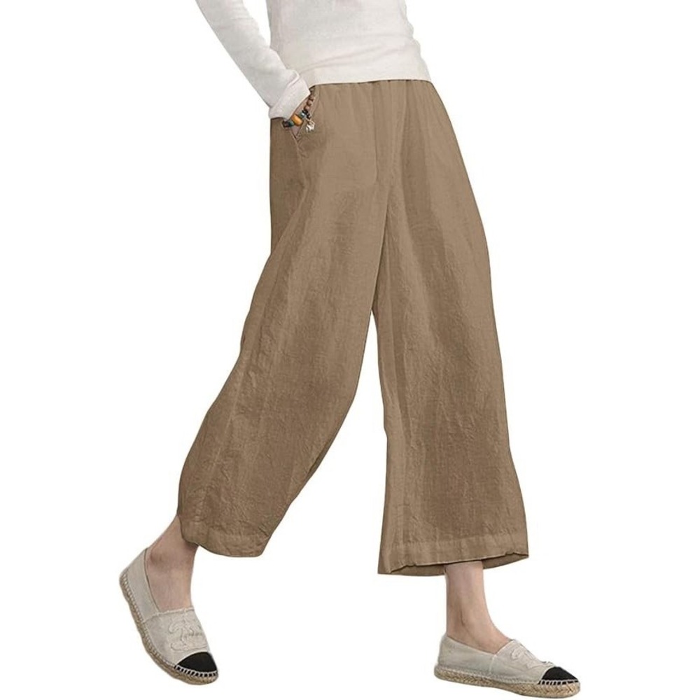 NWT Women's ECUPPER Cropped Cotton Wide Leg Pants Trousers Khaki - XL